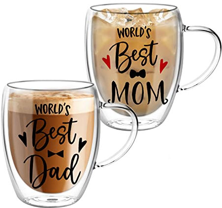 Top-spring 2 Pack Double Walled Coffee Cups for Mom and Dad - 350ml Glass Mugs Set, Glass Tea Cups Gift for Parents, Insulated Latte Glasses with Handles, Heat Resistant Coffee Cup Mum Gifts