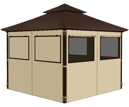 homegroove Gazebo Curtains Outdoor Waterproof 10 * 10ft, Privacy Curtains 4-Panels with Window, Blackout Curtains Set Full Zipper Side Wall Replacement for Garden, Patio, Yard (Only Curtains) Khaki