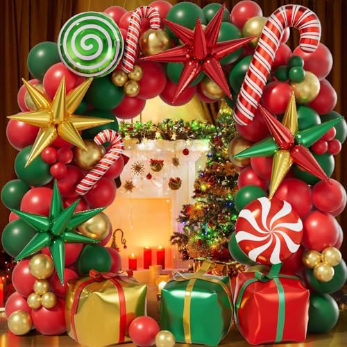 CONLEKE 171Pcs Christmas Balloons Garland Arch kit with Holiday Red Green Gold Candy Gift Box Explosion Star Foil Balloons for Xmas Party Decorations