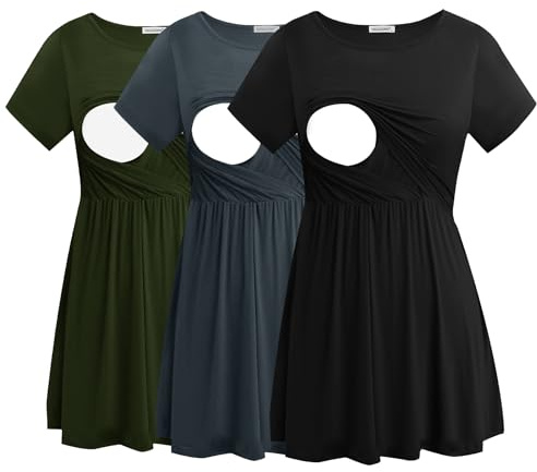 Smallshow Mujer Camiseta Lactancia Manga Corta T Shirt Premama Embarazada 3 Pack,Army Green-Black-Dark Grey,L