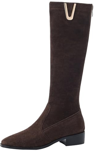 XIEPP Botas altas hasta la rodilla con punta cuadrada con cremallera para mujer, marrón, 38 EU
