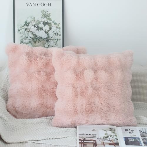 NIULAA Fundas de cojín de color rosa de 45 x 45 cm, fundas de cojín de piel sintética suave y esponjosa, paquete de 2 fundas de cojín decorativas de lujo de felpa gruesa de 18 x 18 cm, fundas de cojín