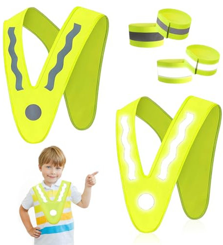 Elfinfi 2 Pezzi Gilet Catarifrangente, Forma V Gilet Alta visibilità con 4 Pezzi Nastro Riflettente, Giubbotto Catarifrangente per i Bambini, Corsa, Ciclismo, Sicurezza Ottimale