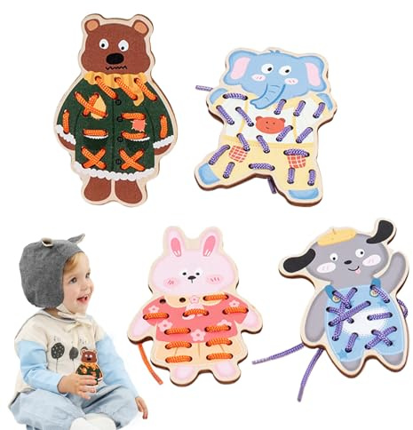 Tarjetas de cordones, kit de costura para niños pequeños | Aprenda a coser animales de cordones de madera,Juguetes de habilidades motoras finas, juegos de mesa, juguetes de viaje por carretera, prácti