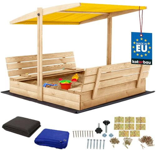 KOTARBAU® Sabbiera con copertura 140 x 140 cm, grande colore naturale, sabbiera in legno con tetto giallo, sabbiera con coperchio, sabbiera con tetto, giocattolo da giardino per bambini, impregnata