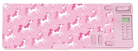 RINCS Essentials Pencil Case for Kids - Includes Calculator, Sharpener, Class Timetable & Stickers, 2 Large Pop Out Compartment with Push Button | Multifunctional Stationery Box (Unicorns)