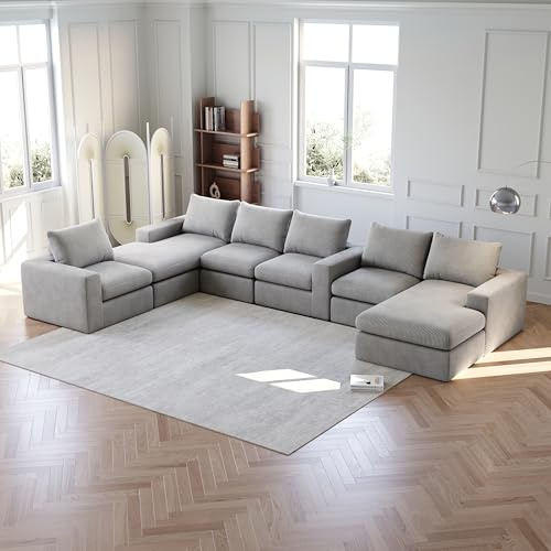 Biqzuya Sofá Convertible de 6 plazas de pana sin estructura con silla, 3 cojines incluidos, sofá de esquina para sala de estar y dormitorio, no requiere montaje, gris claro