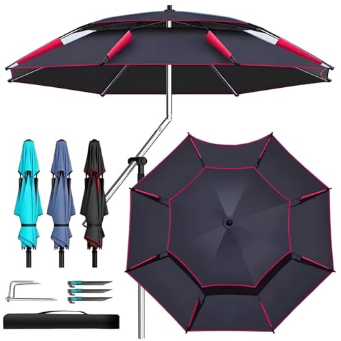 Sombrilla playa anti viento plegable e inclinable, Parasol de Jardín Protección UV 2/2.2/2.60m paraguas de mercado con Bolsa de Transporte, para Exterior Patio Piscina Giratorio 360°(Negro Rojo,2.0m)