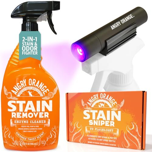 ANGRY ORANGE Pet Stain & Odor Remover Kit for Dog Urine - Enzyme Cleaner - Citrus - 32 oz + UV Flashlight