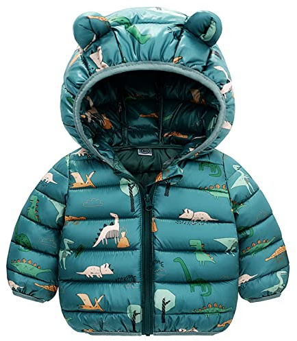 JinBei Abrigo Invierno para Bebé Niños, Chaqueta Plumas con Capucha, Dinosaurio Verde Cazadora Chandal Acolchado Ligero Traje CáLido Grueso Otoño Manga Larga Nieve Chaquetas Niño 2-3 Años