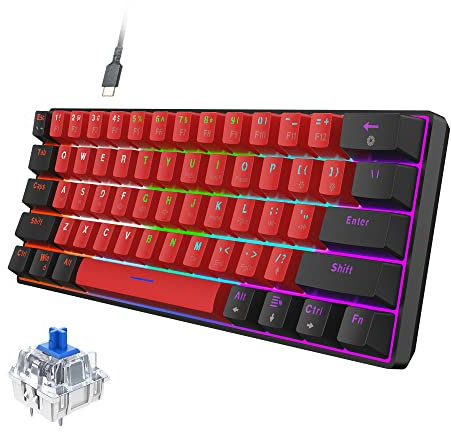 Snpurdiri Wired Mechanical Gaming Keyboard, 60% Size, LED Backlight, 61 Keys, Small Wired Office Keyboard for Windows Laptop/PC, Mac (Black-Red, Blue Switches)
