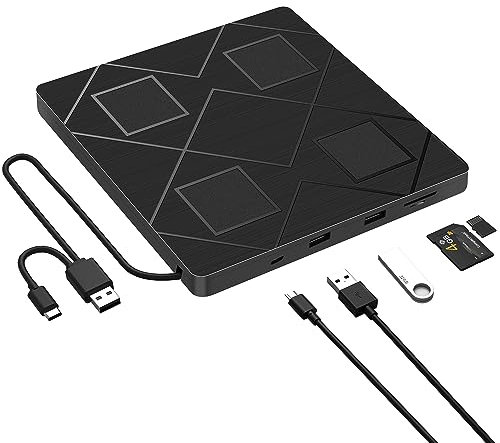 BEVA Lecteur et Graveur CD/DVD Externe, USB 3.0 et Type-C, avec Fente Carte SD/TF et 2 USB, 5 en 1, pour Windows 7/8/10/11/ Vista/XP/Mac OS, Laptop, Desktops, Macbook，PC