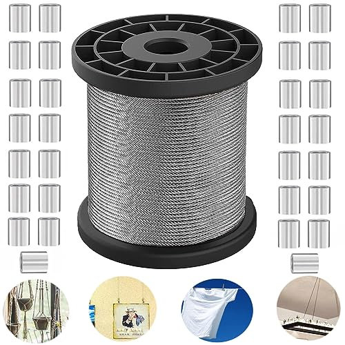 50m Drahtseil 1mm Stahlseil aus 304 Edelstahl - 7x7 Weich/Flexibel, 40 Stk M1 Alu Crimpschlaufenhülse für Stahlseil Aufhängung Gardinen Vorhang Drahtstange Edelstahlkabel (50m X 1mm)