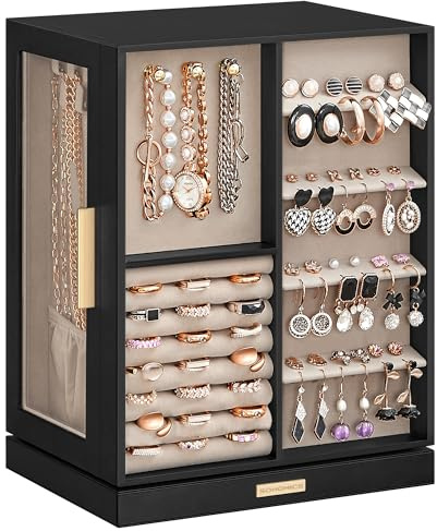 SONGMICS Jewelry Box 360°Rotating, Jewelry Storage Case with 5 Drawers, Jewelry Organizer, Glass Window, Spacious, Vertical Jewelry Storage, Open Design, Great Gift, Graphite Black UJBC170B01