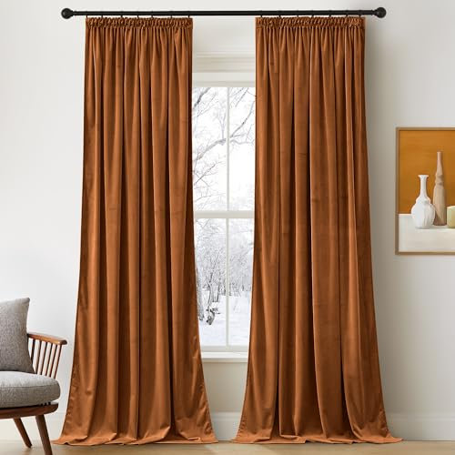 PONY DANCE Velvet Curtains for Living Room Verdunkelungsvorhänge 2er Set Samtvorhänge Kräuselband Vorhang Thermo Wärmeisolierend Wohnzimmer Gardinen Samt (300g/m²), H 240 x B 132 cm, Karamell