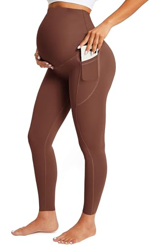 BAYDI Maternity Leggings Over Bump with Pockets Workout Belly Support Stretchy Soft Pregnancy Pants Activewear Pajama Coffee