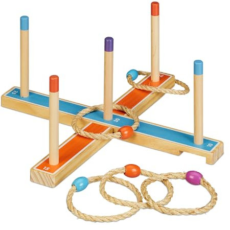 Relaxdays Ringwurfspiel, Holzwurfspiel für Kinder & Erwachsene, mit 5 Ringen, drinnen und draußen, Gartenspiel, bunt