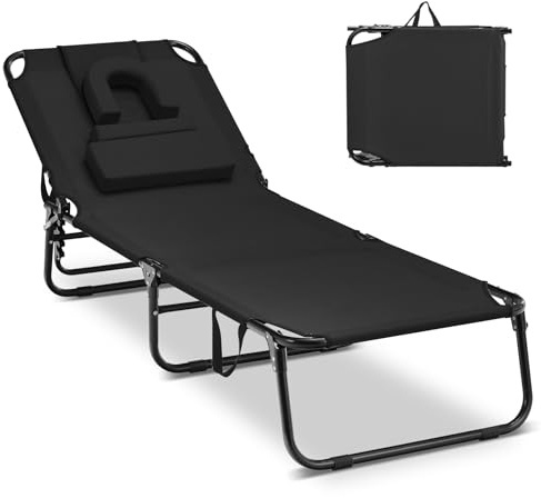 COSTWAY Lettino Pieghevole Spiaggia, Lettino Sdraio da Mare con Foro per il Viso e 3 Cuscini Rimovibili, Schienale Regolabile 5 Posizioni, Lettino Prendisole da Campeggio, Portata 160kg (1, Nero)