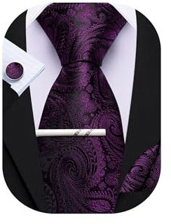 Barry.Wang Corbata de cachemira con clip de corbata para hombre, corbata de seda, pañuelo cuadrado, juego de gemelos formales, bodas, fiestas, negocios, Morado (, Taille unique