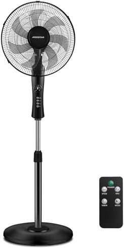 Aigostar Ventilateur sur Pied avec Télécommande, Puissant et Silencieux, 7 Pales, 3 Vitesses, 3 Modes, Minuterie 7,5h, Oscillation à 80°, Hauteur Réglable 118-133 cm, 50W, Noir