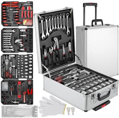TLGREEN Ensemble d'outils de 799 pièces avec Mallette en Aluminium et Roulettes, kit d'Outils de Réparation Caisse à Outils pour la Maison, Automobile, Garage