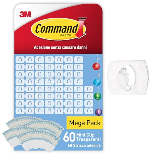 Command Dekorations-Clips, Vorteilspack mit 60 Minihaken und 68 Kleinen Klebestreifen - Clips für Dekoration und Lichterketten - Dekorieren ohne Löcher und Bohren