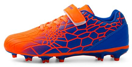 FEETHING Kids Football Boots for Boys Girls Football Shoes Firm Ground Youth Lightweight Athletic Training Soccer Cleats for Little/Big Kid(Blue/Orange,6US-39EU-5.5UK Big Kid)