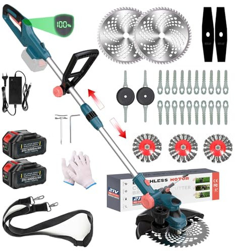 Qiyasjew 2 in 1 Rasenkantenschneider/Rasentrimmer mit Akku 21V, Akku Rasentrimmer für Makita Akku, 750W Bürstenloser Motor, Freischneider Akku, Motorsense Akku (inkl. 4.0Ah Akku & Ladegerät), Blau