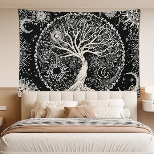 Hoypeyfiy Lebensbaum Mond und Sonne, schwarz-weißer psychedelischer Mandala Sternenhimmel Wandteppich für Wanddekoration (150 x 200 cm)