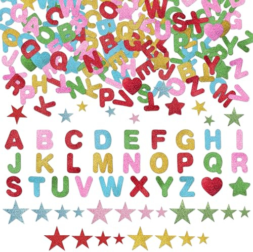 200 Pezzi Lettere Adesive Gommapiuma, 5 Colori Lettere Alfabeto Gomma, Colorato Lettere in Gommapiuma Adesivi a Forma di Stella D'amore Adesivi in Schiuma per Decorazione Carte DIY