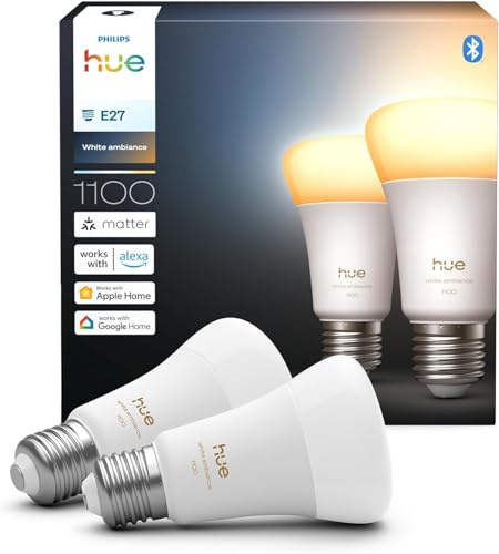 Philips Hue Smart LED A60 Bulb, White Ambiance, E27 Base, 8.1W, Full Spectrum Light 1000K-20000K, 1100 Lumens, Dimmable, Works with Alexa, Google Assistant, and Apple Home, 2 Pack