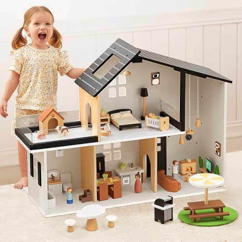 OOOK Wooden Dollhouse, Modern Dolls House with 60Pcs Luxurious Furniture Accessories, Including Dolls and Pet Sets, Wood Dollhouse Toy for Boys and Girls 3+