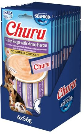 INABA Churu Snack per Cani Cremoso con Salmone e Gamberetti - Premietti Cane Ipocalorici, Morbidi e Deliziosi - Cibo per Cani Senza Pollo - 12 Pack (48 Stick x 14gr)