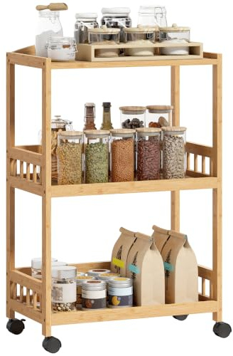 HOMCOM Chariot de Cuisine à 3 Niveaux, 53 x 30,5 x 83 cm, Bois Naturel | Desserte à Roulettes en Bambou, Desserte Cuisine Multifonctionnel, pour Chambre, Salon, Bureau