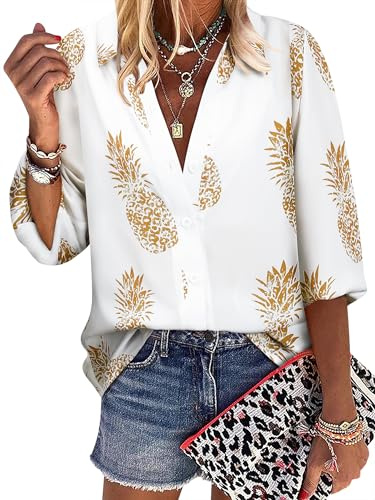 Yihelian Hawaii skjorta damer sommar blus blommor ananas tryck knappar Hawaii-skjorta 3/4 ärm V-ringad skjortblus strandtröja, Hawaii-outfit blusskjorta toppar för strand semester, 1 vit, S