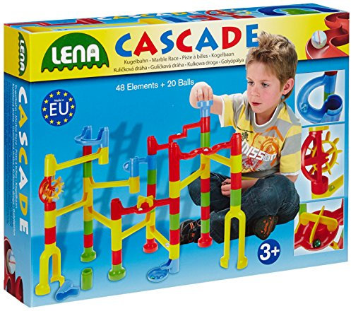 Lena 65290 x Cascade Kugelbahn Speed, Murmelbahn aus Kunststoff, Baukasten mit 44 Bahnelementen und 20 Kugeln, Motorik und Konstruktionsspielzeug für Kinder ab 3 Jahre, Gelb, Blau, Rot, Grün