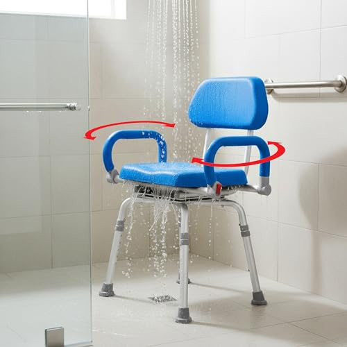 Revolution Pivoting Shower Chair for Bathtub, Adjustable Swivel Seat with Padded Back and Arms, Adjustable Space Saving Design for Tubs, Shower, for Elderly, Handicap & Seniors, Blue