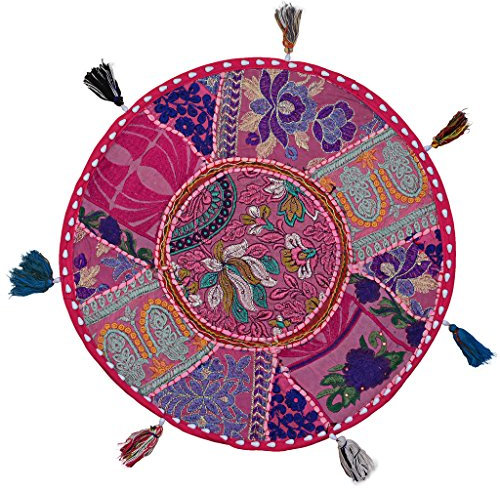 Stylo Culture Indisch Dekorativ Rund Bodenkissenbezug 45 x 45 cm Klein Sitzpouf Kissen Vintage Dunkelpink Boho Patchwork Sitzsack Sitzkissen Baumwolle Bestickt Bodenkissen Hocker