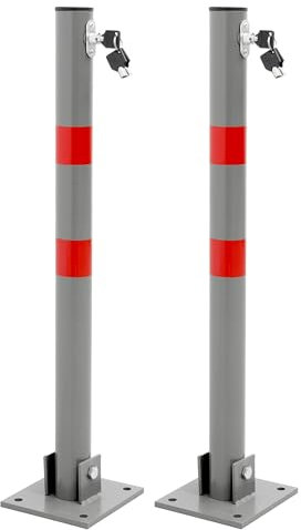 ECD Germany 2x Bolardo de Aparcamiento 71x6cm Barrera Parking Poste Redondo Plegable Bloque Seguridad Abatible Cerradura con 3 Llaves Pilona Protección de Acero Tiras Rojas Incluye Material de Montaje