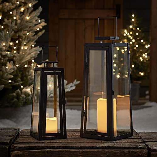 Lights4fun Set of 2 Decorative Black Metal Battery Operated TruGlow® LED Candle Lanterns with Timer Warm White LED Indoor Outdoor Use