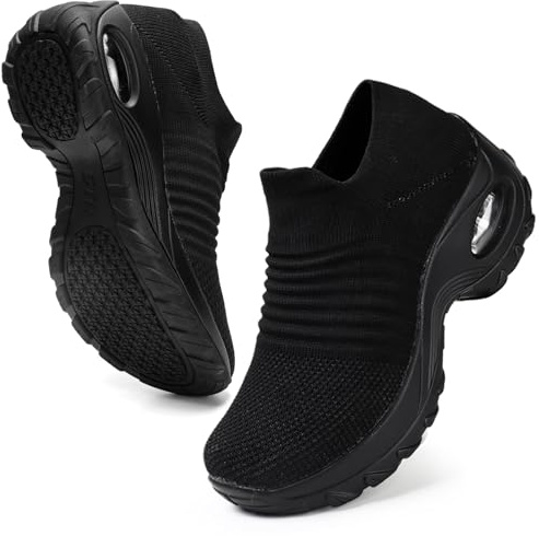 HKR Zapatillas Mujer de Running Walking Zapatos para Antideslizante Ligeras Sin Cordones Trabajo Ortopedicos Calzado Todo Negro 42 EU