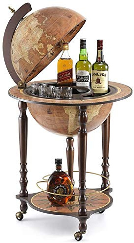 Zoffoli Globe Bar Da Vinci Rust 40 cm mappemonde House Bar avec roulettes pivotantes - Armoire de Bar en Noyer Compartiment à Boissons