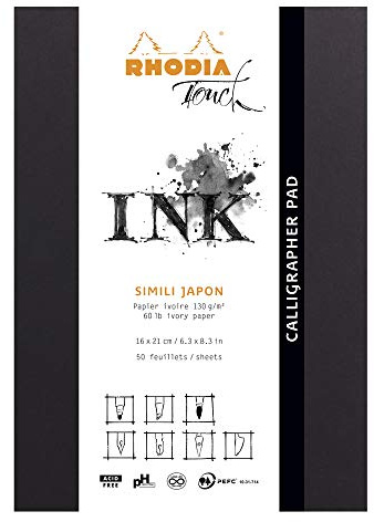Rhodia 116122C – Anteckningsblock calligraph-dyna, limmad på huvudsidan, DIN A5+ (16 x 21 cm), 50 ark mikroperforerade, tom, Clairefontaine papper Simili Japon elfenben 130 g, svart, 1 styck