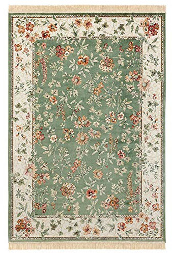 Nouristan Naveh Orient Pelo Corto con Flecos Vintage Oriental Alfombra de Terciopelo para Comedor, salón, Dormitorio, Verde, 135 x 195 cm, Rayón, 135x195 cm