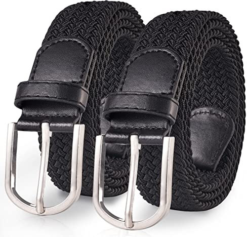 TANGCHAO 2 Stücke Stoffgürtel Stretchgürtel Elastik Flechtgürtel Geflochtener und Elastischer Dehnbarer Gürtel für Damen und Herren Breite 3.3cm Schwarz+Schwarz 110cm