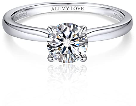 MomentWish Personalisiert Verlobungsring Damen, 1 Karat Solitär 925 Sterling Silber Moissainte Ringe D Farbe VVS1 Muttertagsgeschenk mit Geschenkbox Gra Zertifikat-Größe55