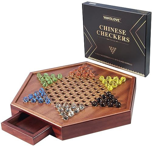 VAMSLOVE Chinese Checkers 15 Large Upgraded Version Wooden Game Board, 16mm 60+12 Colorful Glass Marbles, Easy Grasping for Adults and Kids, w/Storage Drawer, Fun for Family Gathering