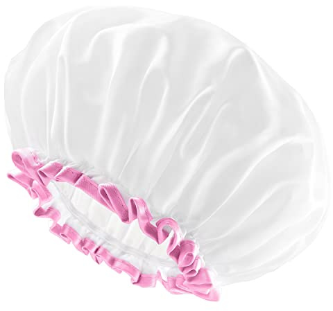 mikimini White Shower Cap Waterproof Reusable, Double Layers Bathing Hair Cap with Soft Comfortable PEVA Lining, Cute, Non-fading & Stretchy Shower Hat Medium (Pack of 1) White