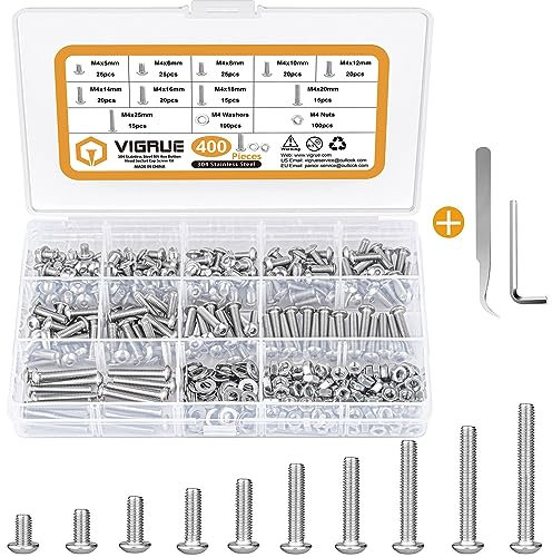 VIGRUE 400PCS M4 Schrauben Set,Rostfreier Edelstahl 304 Schrauben und Muttern Unterlegscheiben Set Rund-Knopfkopf Linsenkopf Innensechskant Schrauben mit Schraubenschlüssel Gewindeschrauben
