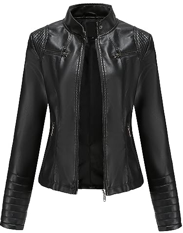 Veste pour femme - Veste fine en cuir synthétique - Col montant - Veste de transition légère avec fermeture éclair - Pour femme - Mode cycliste - Veste courte, Noir , 3XL